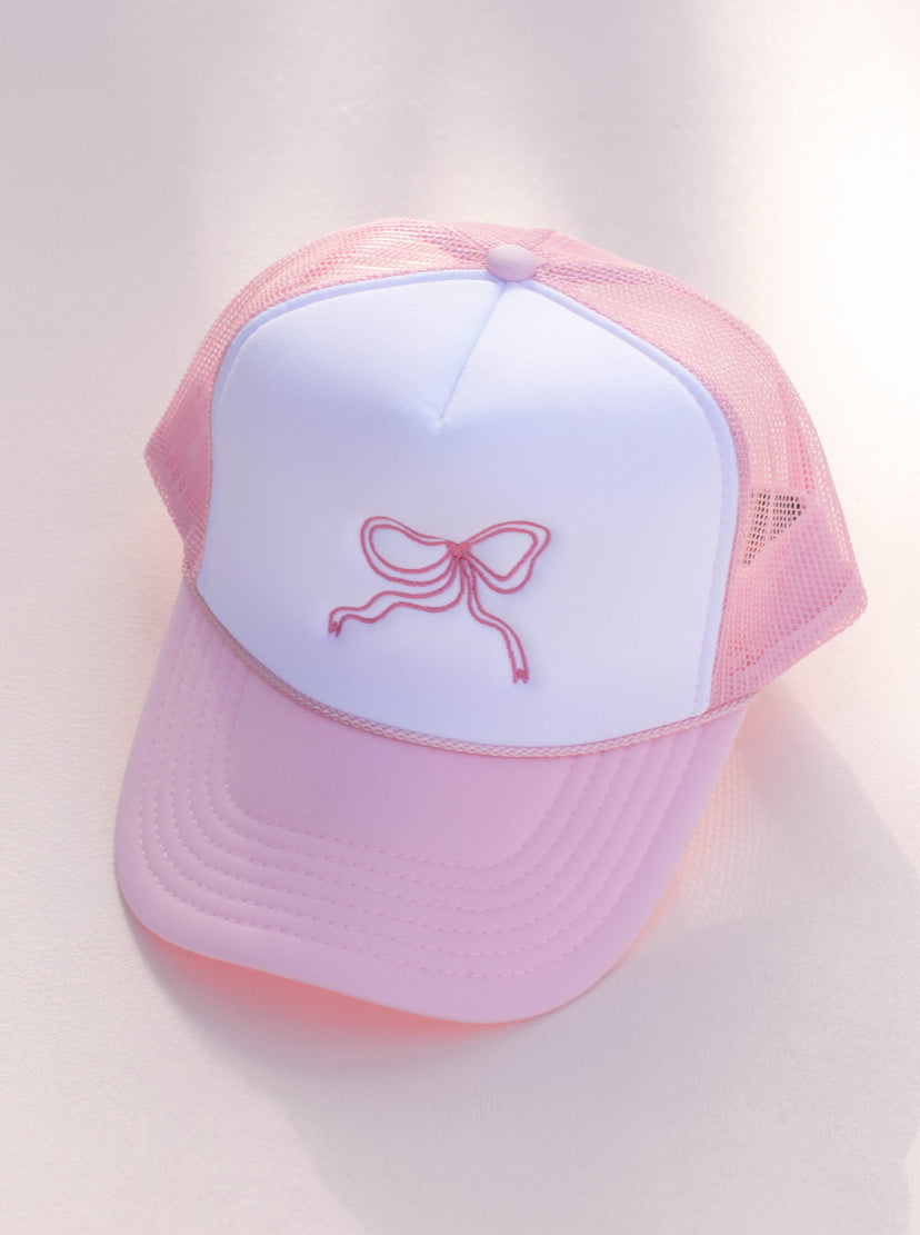 Bow Embroidered Trucker Hat - Pink