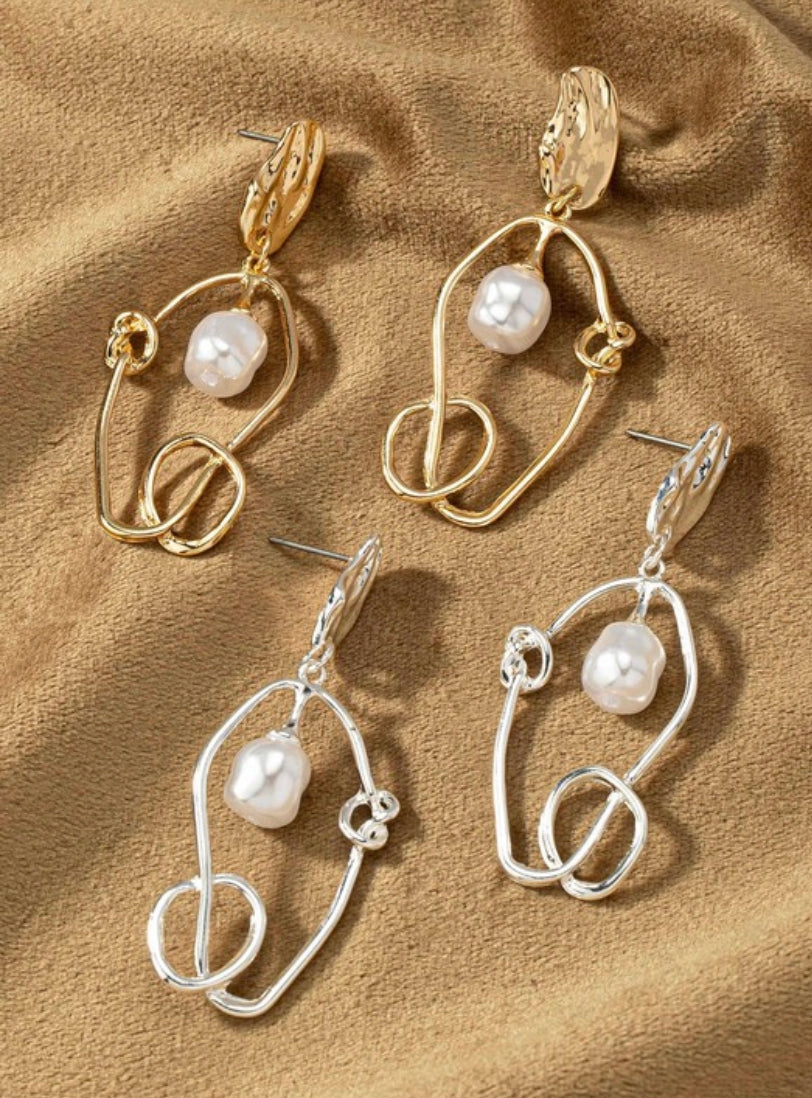 Wire Knotted Hoop and Pearl Earrings - Gold