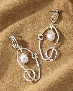 Wire Knotted Hoop and Pearl Earrings - Silver